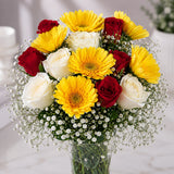 Yellow Gerbera & Red Rose Bouquet in Glass Vase