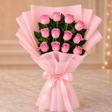 12 Aqua Pink Roses With Chocolate Cream Cake