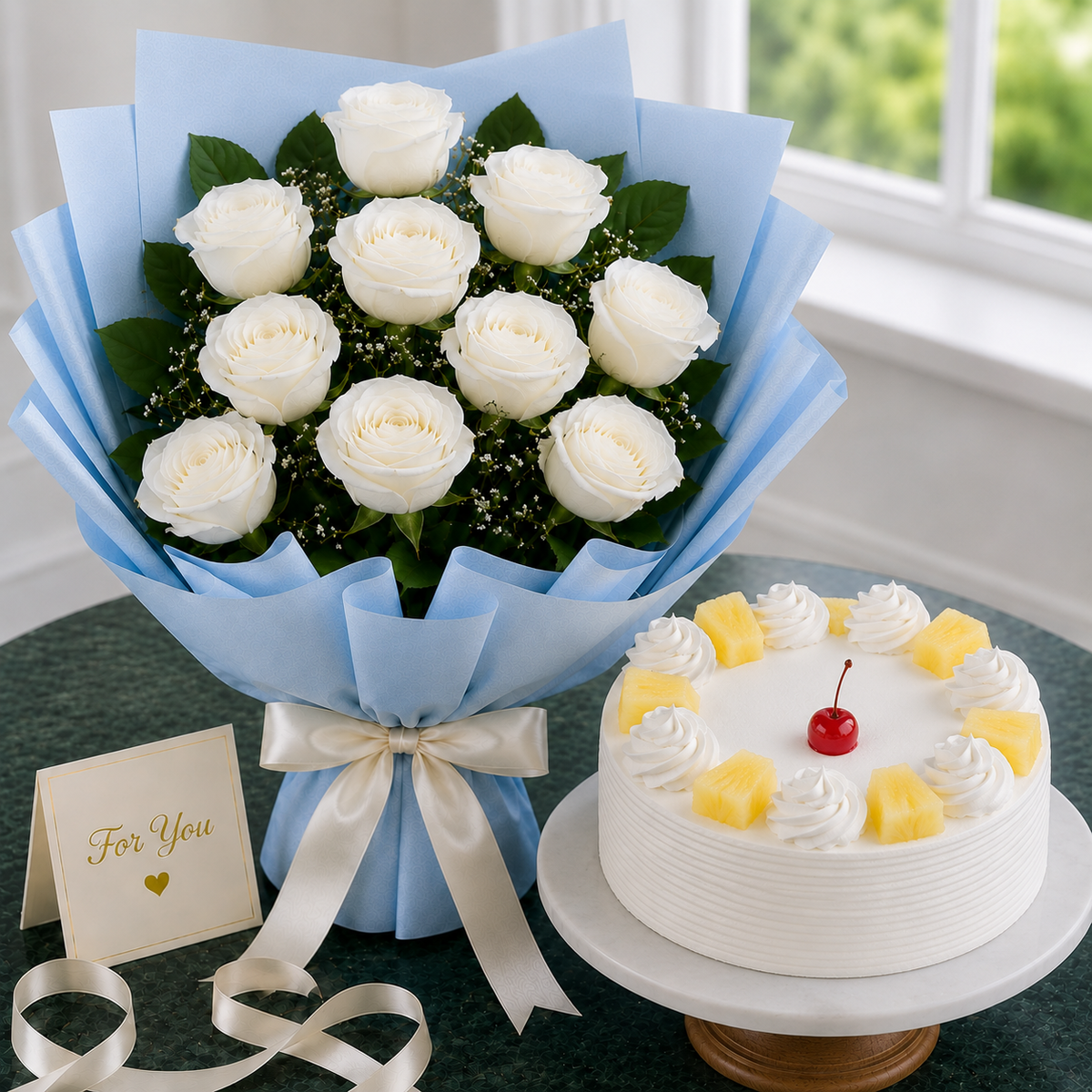 10 White Roses With Pineapple Cake