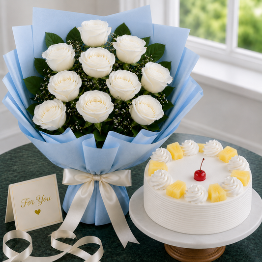 10 White Roses With Pineapple Cake