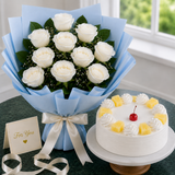 10 White Roses With Pineapple Cake