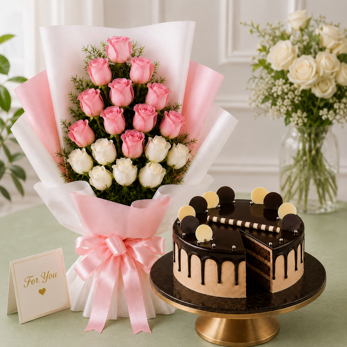 7 Pink Roses & 8 White Roses With Eggless Chocolate Cream Cake