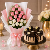 7 Pink Roses & 8 White Roses With Eggless Chocolate Cream Cake