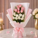 7 Pink Roses & 8 White Roses With Eggless Chocolate Cream Cake