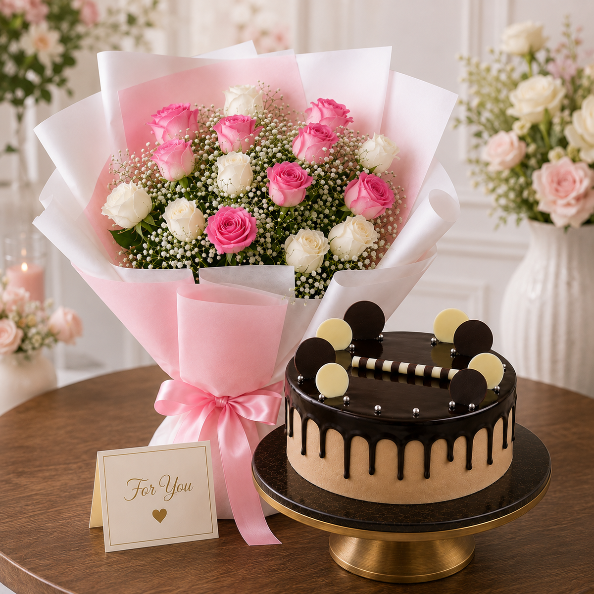 8 Aqua Pink Roses & 7 White Roses With Chocolate Cream Cake