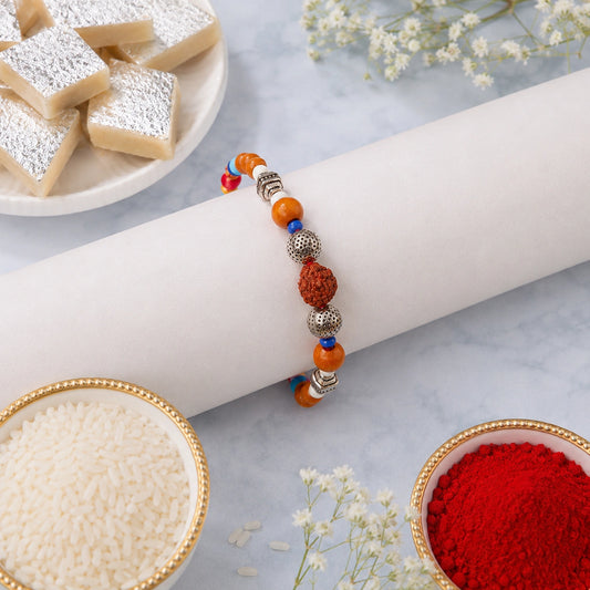 Rudraksh Wood Bead Rakhi with Kaju Katli