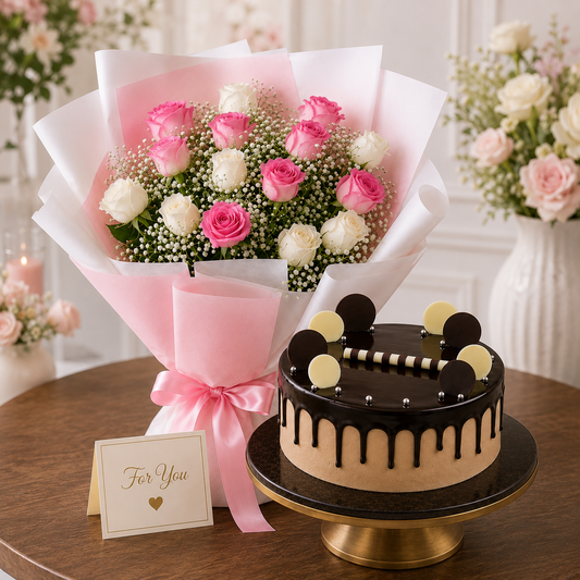 8 Aqua Pink Roses & 7 White Roses With Chocolate Cream Cake