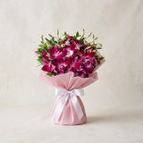 5 Purple Orchids Bouquet with Kamini Leaves & Cadbury Celebrations Box