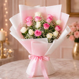 8 Aqua Pink Roses & 7 White Roses With Chocolate Cream Cake