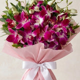 5 Purple Orchids Bouquet with Kamini Leaves & Cadbury Celebrations Box