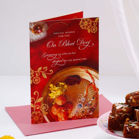Special Wishes Bhai Dooj Greeting Card with Dodha Barfi