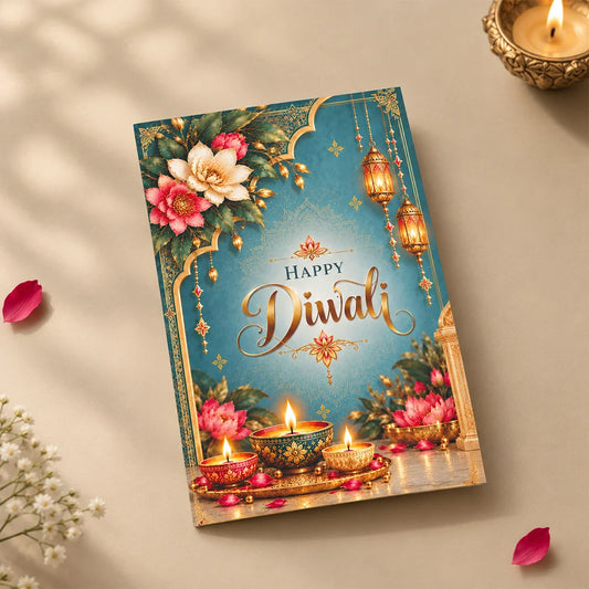Personalized Diwali Greeting Card with Lanterns, Lotus & Diyas on Teal