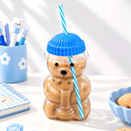 Bear Glass Sipper with Blue Lid & Straw