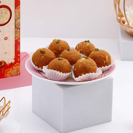 Akhand Jyoti Diya with Greeting Card and Besan Ladoo