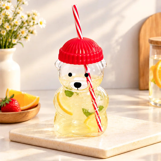Bear Glass Sipper with Red Lid & Straw