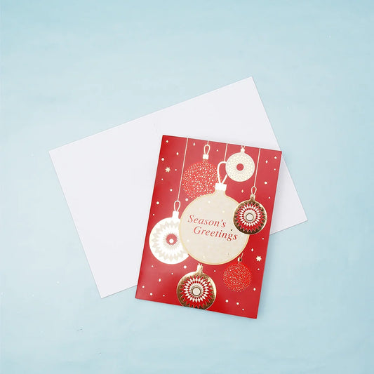 Pack of 50 Season's Greetings Red Baubles Greeting Card
