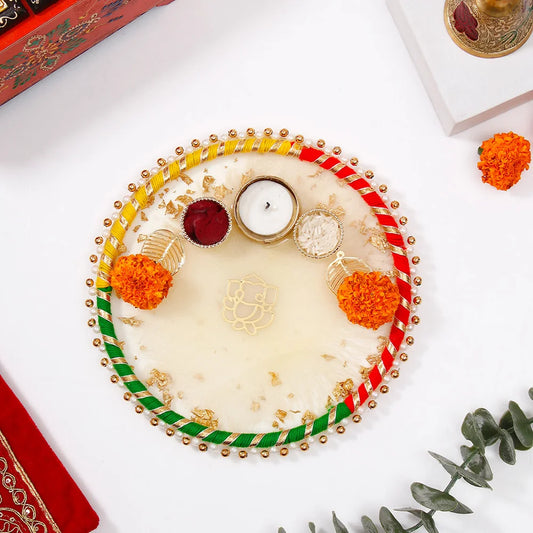 Divine Ganesha White Designer Pooja Thali