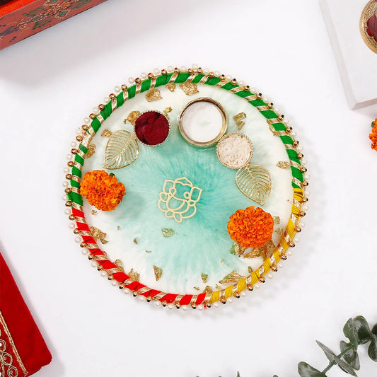 Divine Ganesha Green Designer Pooja Thali