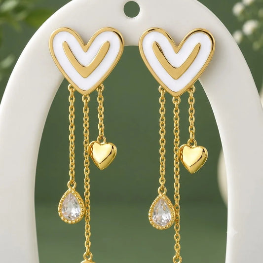 White Heart Chevron Multi-Chain Dangle Earrings | Stupid Cupid