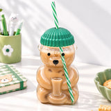 Bear Glass Sipper with Green Lid & Straw