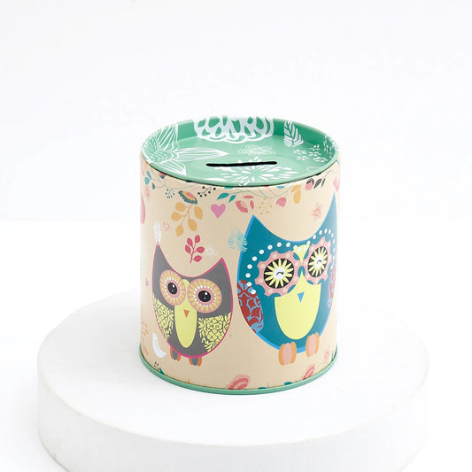Beige Floral Pair Owl Tin Money Box