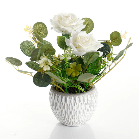 Artificial White Rose Bouquet in Ceramic Pot