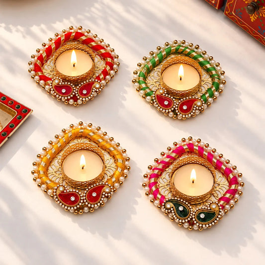 Handmade Pearl Emblished Diya Set of 4