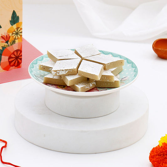 Copper Pooja Thali Set with Kaju Barfi and Attar