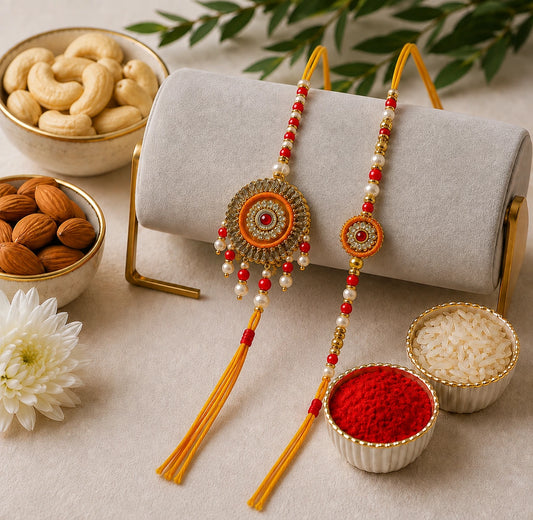 Designer Beads Bhaiya Bhabhi Rakhi Set With Dry Fruits | Vibrant Yellow Pink Rakhi Gift