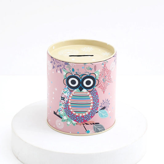 Boho Owl Pink Ornate Tin Money Box