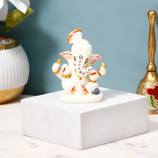 Ganesha Idol with Set of 2 Modak Diyas - White