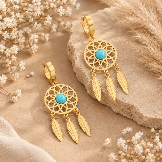 Turquoise Dreamcatcher Feather Hoop Earrings | Stupid Cupid