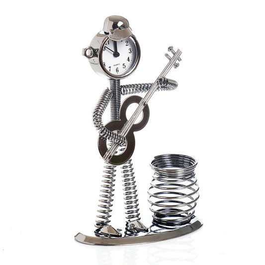 Metal Guitar Player Robot Clock with Pen Holder