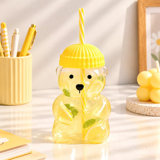 Bear Glass Sipper with Yellow Lid & Straw
