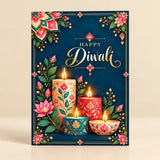 Personalized Diwali Greeting Card with Floral Candles on Navy Blue