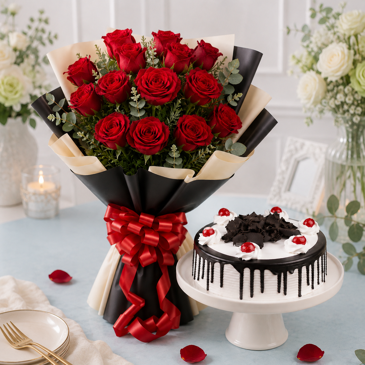 10 Red Roses With Black Forest Cake