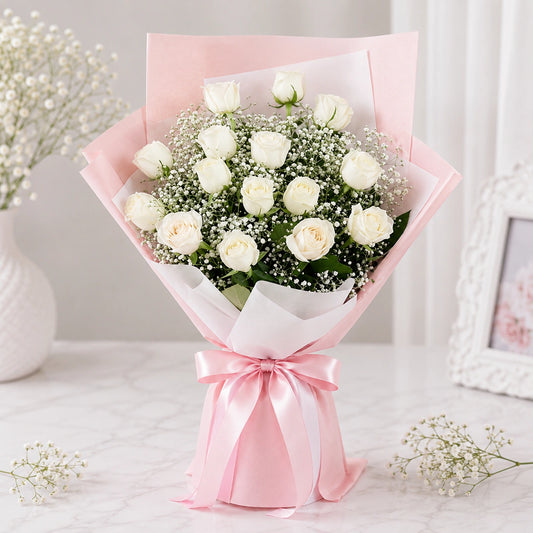 15 White Roses Bouquet in Pink Wrap