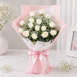 15 White Roses Bouquet in Pink Wrap