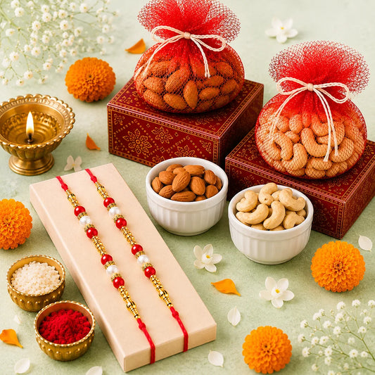 Set of 2 Designer Pearl Rakhi with Kaju Katli & Dry Fruits | Premium Rakhi Hamper