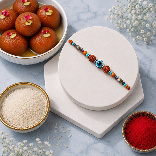 Rudraksh Evil Eye Bead Rakhi with Gulab Jamun
