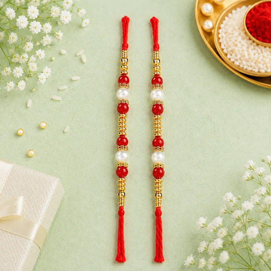 Set of 2 Designer Pearl Rakhi with Kaju Katli & Dry Fruits | Premium Rakhi Hamper