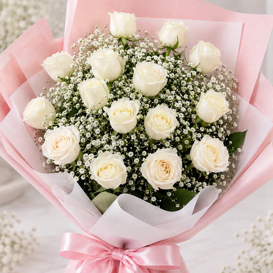 15 White Roses Bouquet in Pink Wrap