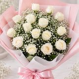 15 White Roses Bouquet in Pink Wrap