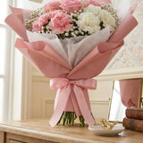 Pink & White Carnations, Roses & Gypsophila Bouquet in Leopard Print Wrap