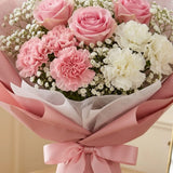 Pink & White Carnations, Roses & Gypsophila Bouquet in Leopard Print Wrap