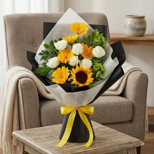 Sunflower, Yellow Gerbera & White Rose Bouquet in Kraft & Lace Wrap