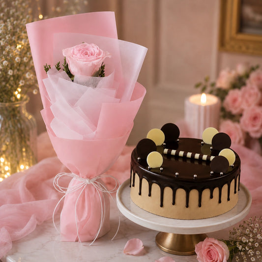 1 Baby Pink Roses With Chocolate Cream Cake