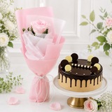 1 Baby Pink Roses With Chocolate Cream Cake