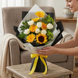 Sunflower, Yellow Gerbera & White Rose Bouquet in Kraft & Lace Wrap