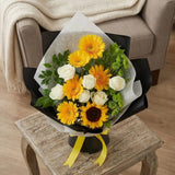 Sunflower, Yellow Gerbera & White Rose Bouquet in Kraft & Lace Wrap